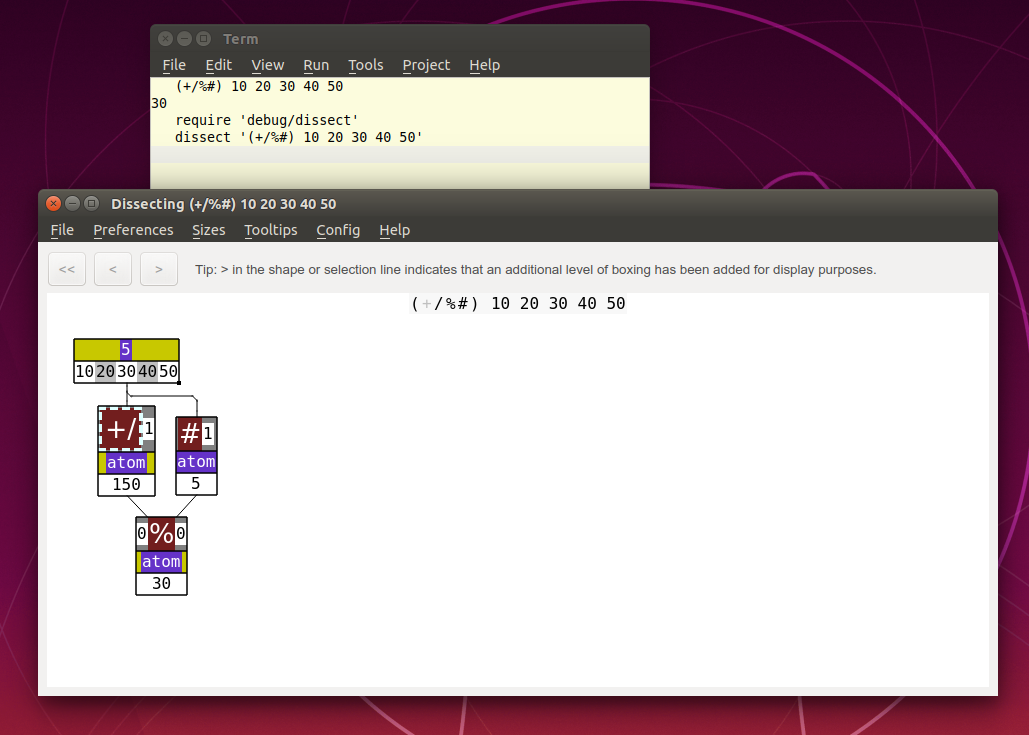 Screenshot of jqt ide showing the dissect debugging toll running