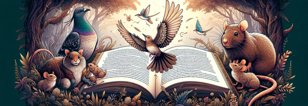 An image of a forest scene with birds and rats surround a book spread open with writing in it.